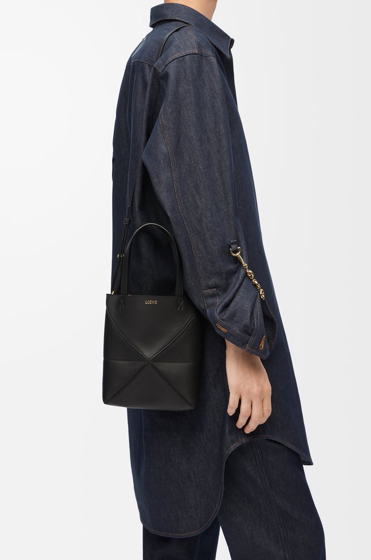 LOEWE Mini Puzzle Fold tote in shiny calfskin Black