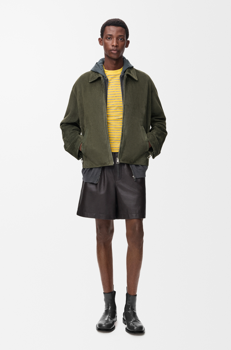 LOEWE Giacca con zip in pelle di agnello scamosciata Verde Kaki