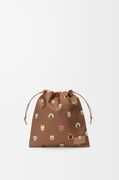 LOEWE 小号帆布 Cats 抽绳手拿包 摩卡色