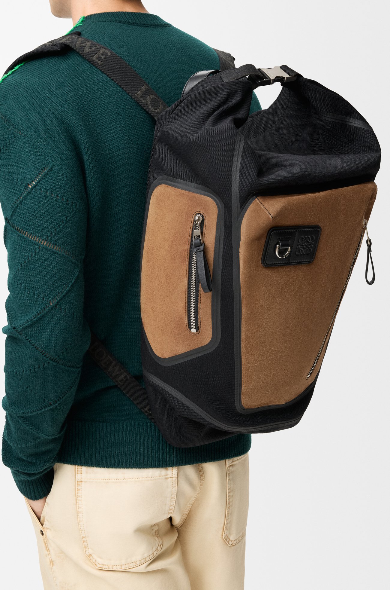 LOEWE Flex roll-top backpack in canvas and suede Black/Dark Gold