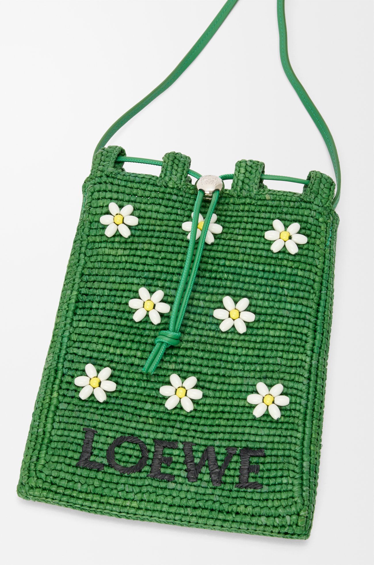 LOEWE Drawstring pocket in raffia Tropical Green/White