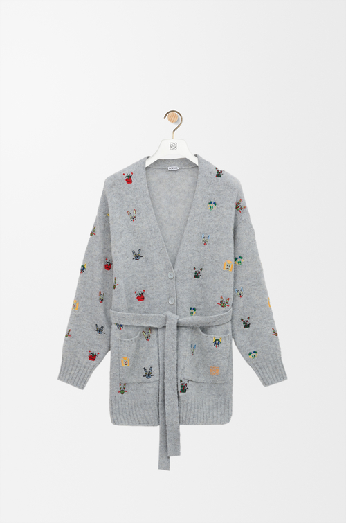 LOEWE Cárdigan con cinturón en lana Gris/Multicolor