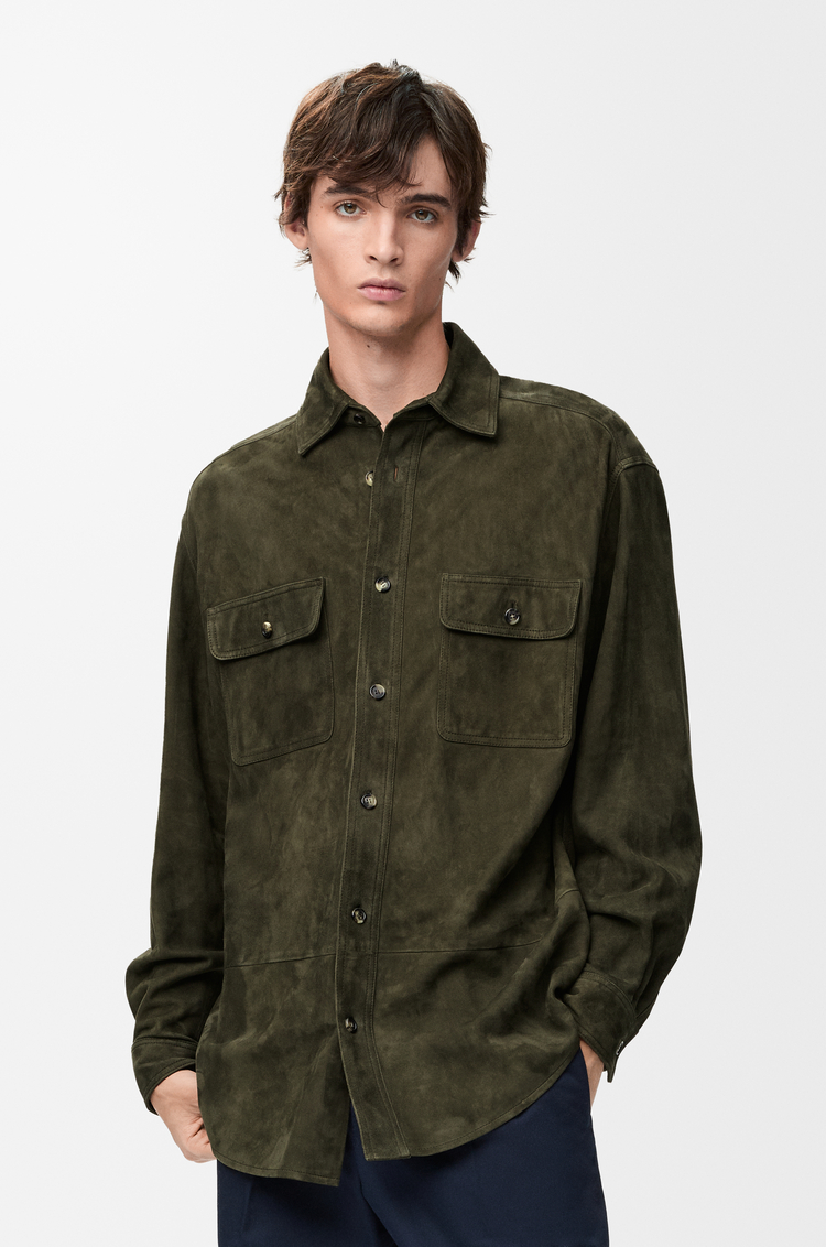 LOEWE Giacca-camicia in pelle di capra scamosciata Verde Kaki