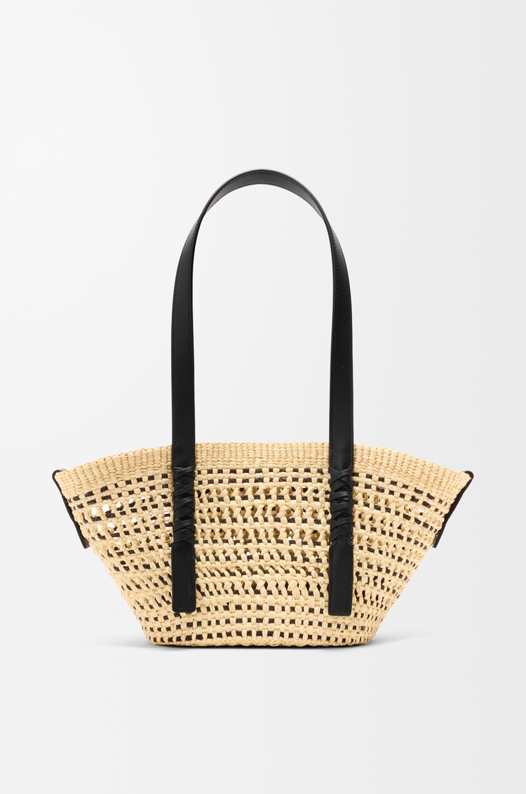 LOEWE Small Braid basket in iraca palm ad calfskin Natural/Black
