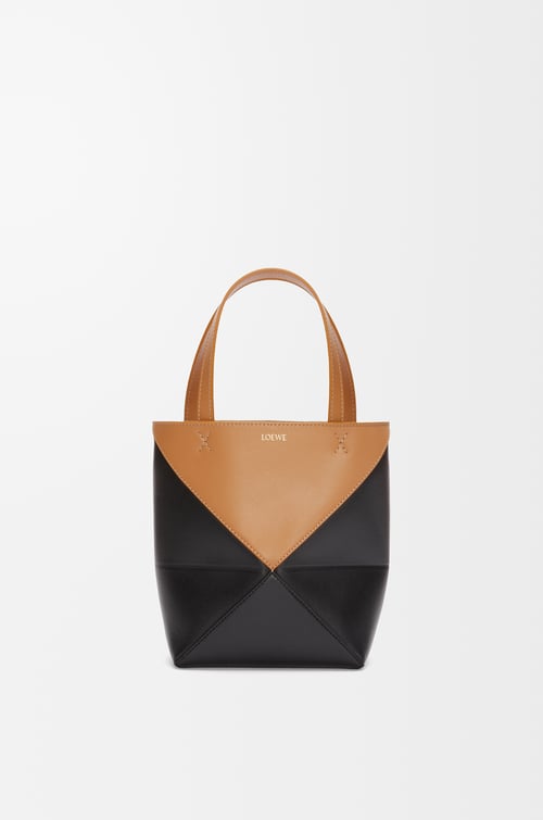 LOEWE Mini Puzzle Fold Tote in shiny calfskin Warm Desert/Black