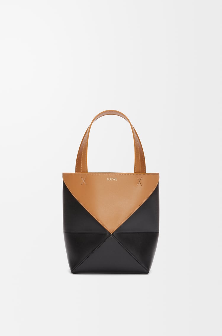 LOEWE Mini Puzzle Fold Tote in shiny calfskin Warm Desert/Black