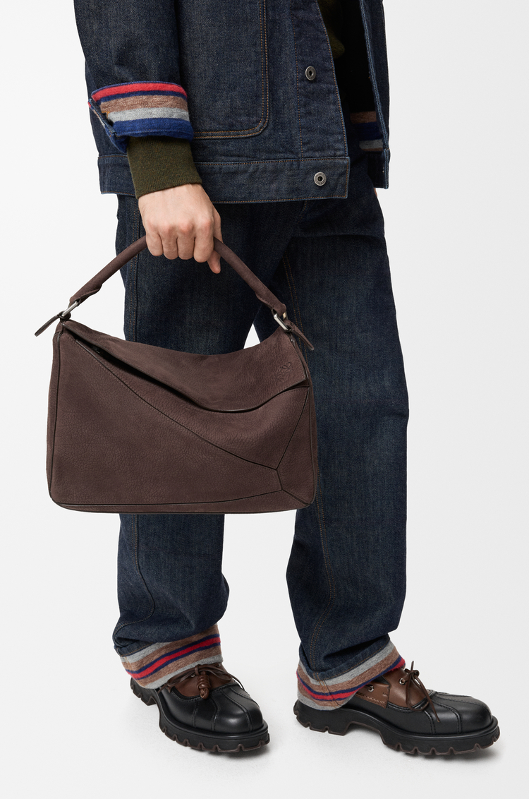 LOEWE Large Puzzle bag in grained nubuck Dark Chestnut