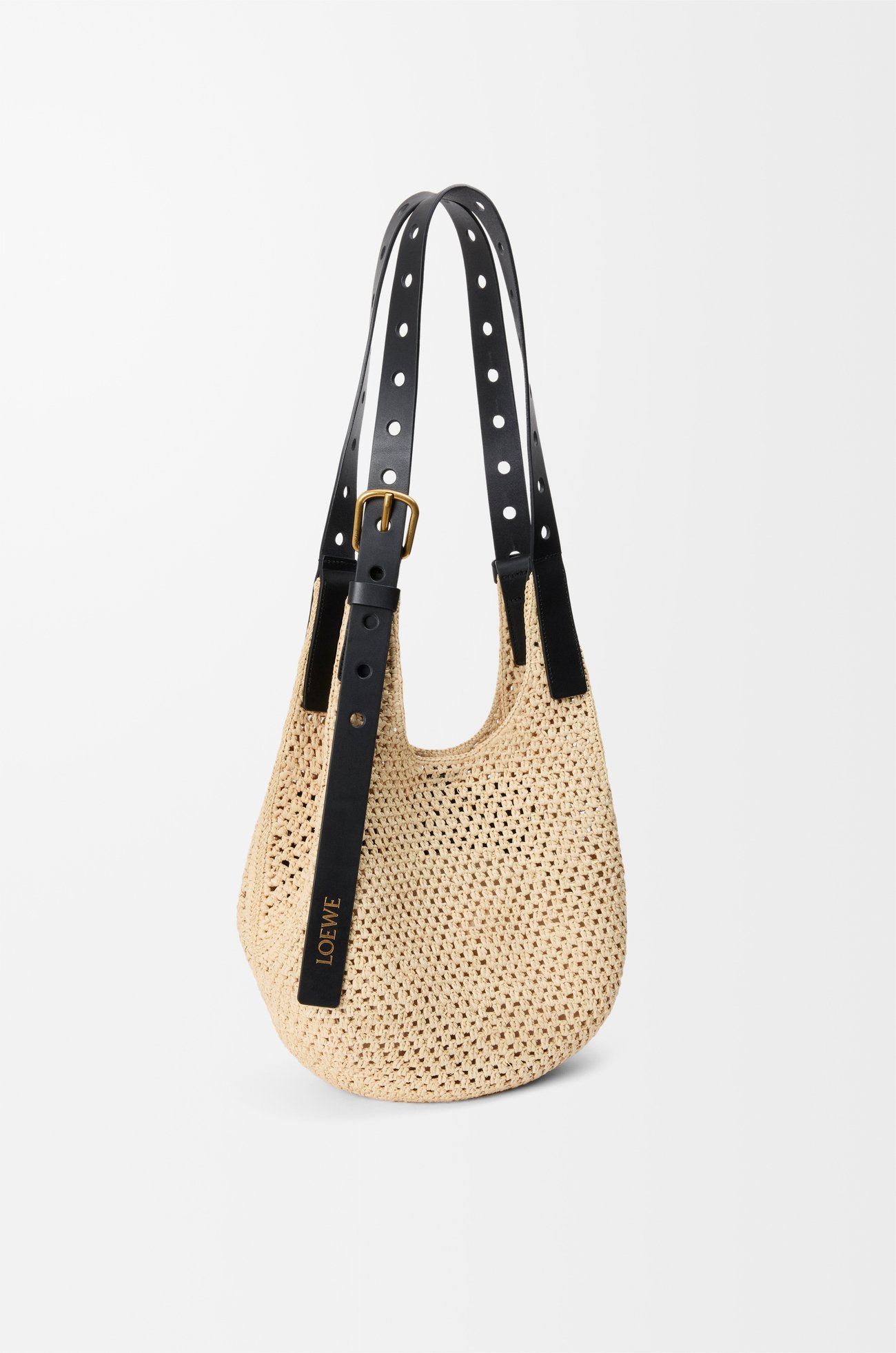LOEWE Small Punch Hole hobo bag in raffia and calfskin Natural