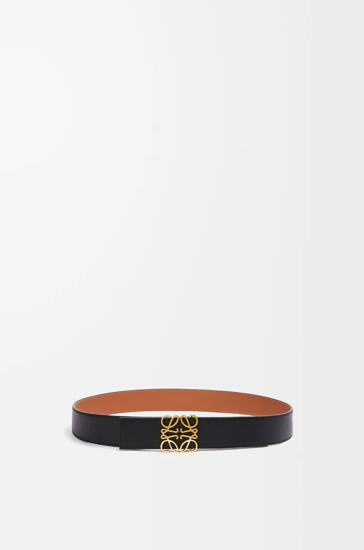 LOEWE Cinturón reversible Anagram en piel de ternera lisa Bronceado/Negro/Dorado