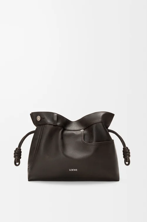 LOEWE Panta medium Flamenco clutch in shiny calfskin Vintage Brown
