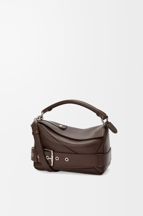 LOEWE Small Puzzle Biker bag in shiny calfskin Dark Brownie