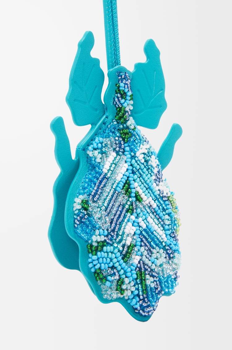 LOEWE Leaf insect keyfob charm in beaded leather Deep Turquoise