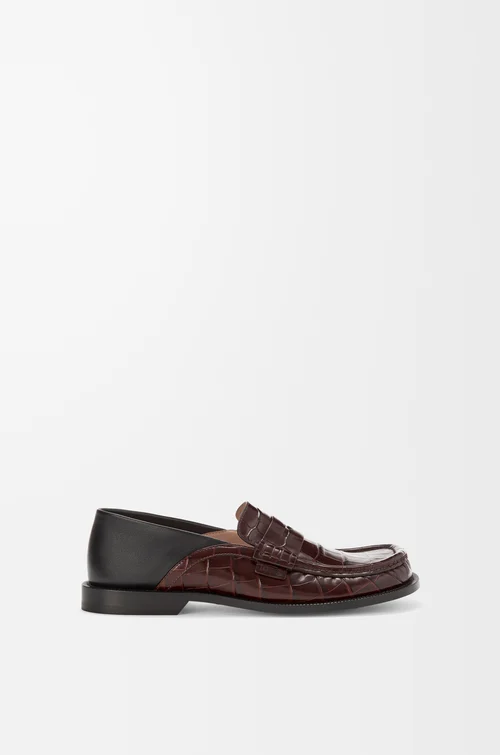 LOEWE Mocassin à rabat arrière Campo en cuir de veau embossé et agneau nappa Marron Foncé/Noir