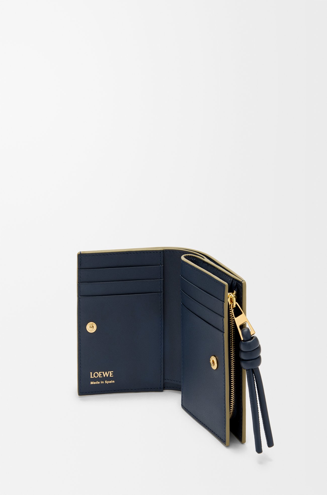LOEWE Knot compact wallet in shiny nappa calfskin Eucalyptus/Deep Navy