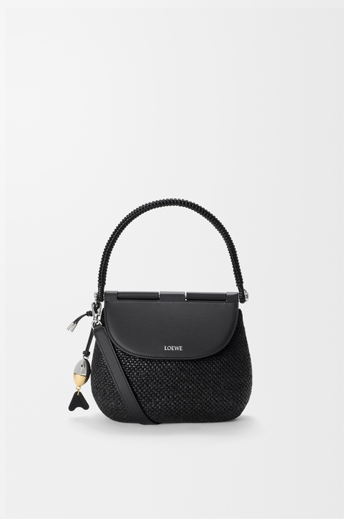 LOEWE Medium Pescador bag in raffia and calfskin Black