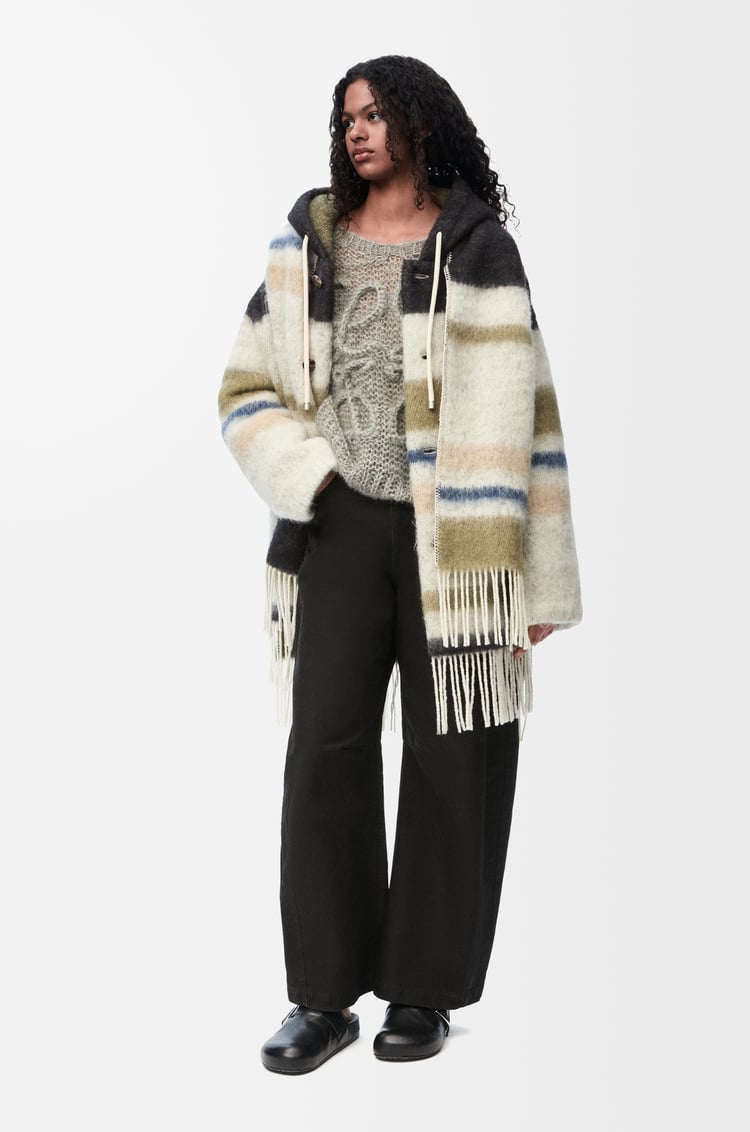 LOEWE Hooded scarf coat in wool and mohair blend White/Black