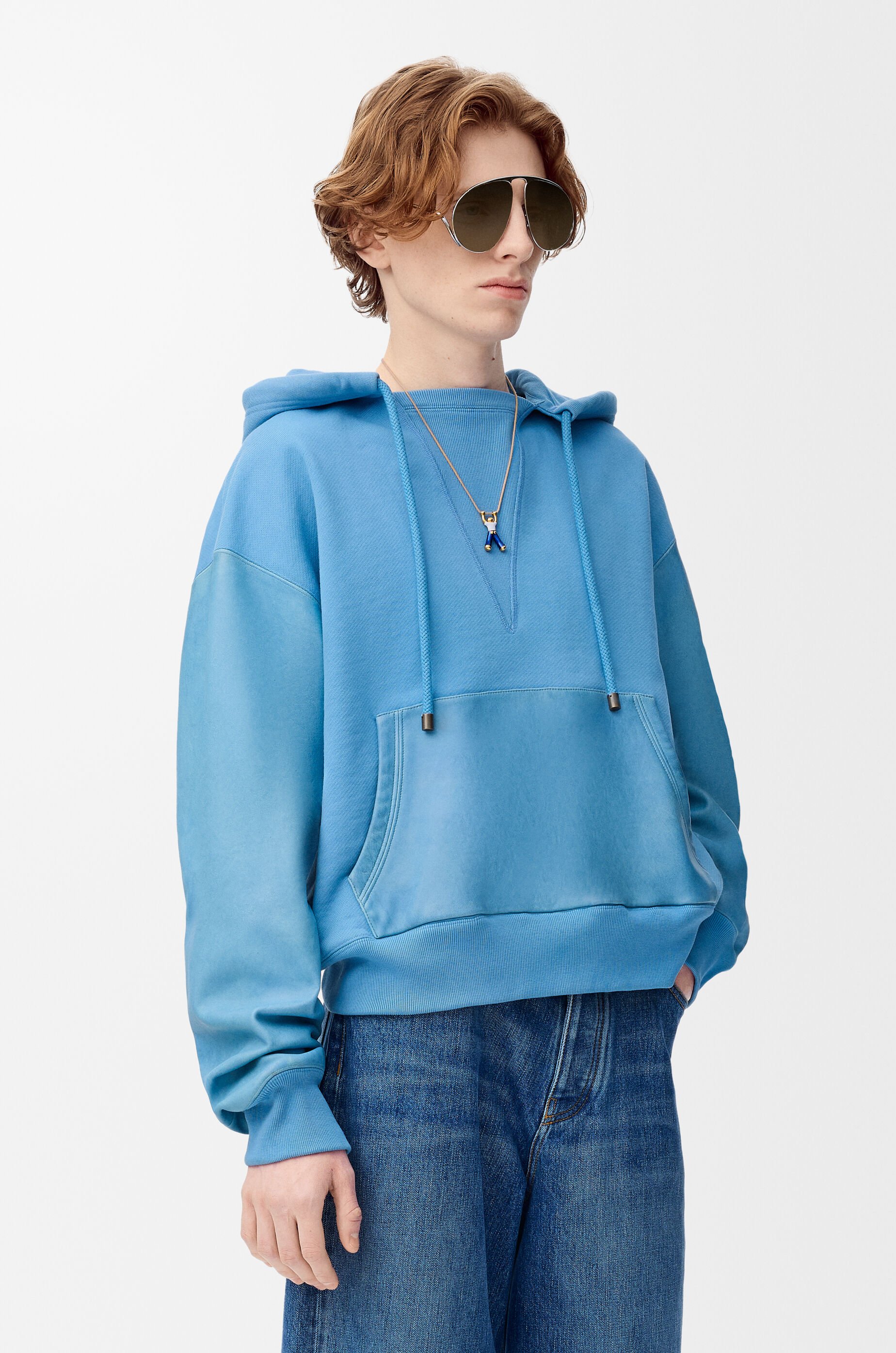 Hybrid hoodie in cotton and nappa lambskin Blue - LOEWE