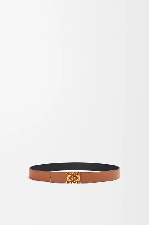 LOEWE 光滑牛皮革双面 Anagram 腰带 棕褐色/黑色/金色