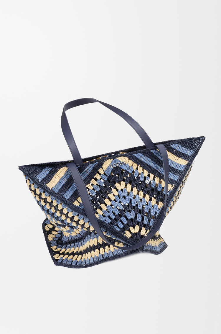 LOEWE XL Puzzle Fold tote in raffia  Navy/Sky Blue
