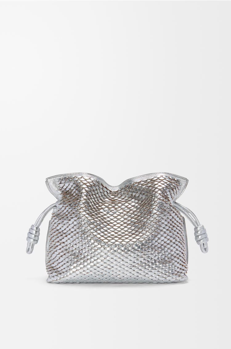 LOEWE Medium Flamenco clutch in laminated lambskin Silver