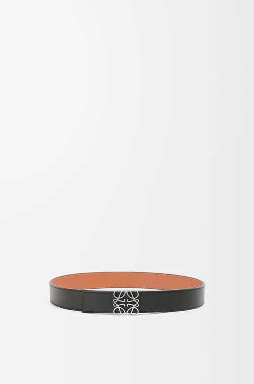 LOEWE 光滑牛皮革双面 Anagram 腰带 黑色/焦糖棕/钯金色