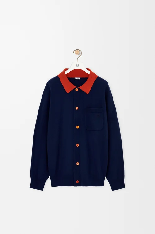LOEWE Cardigan polo en laine Navy Blue/Orange
