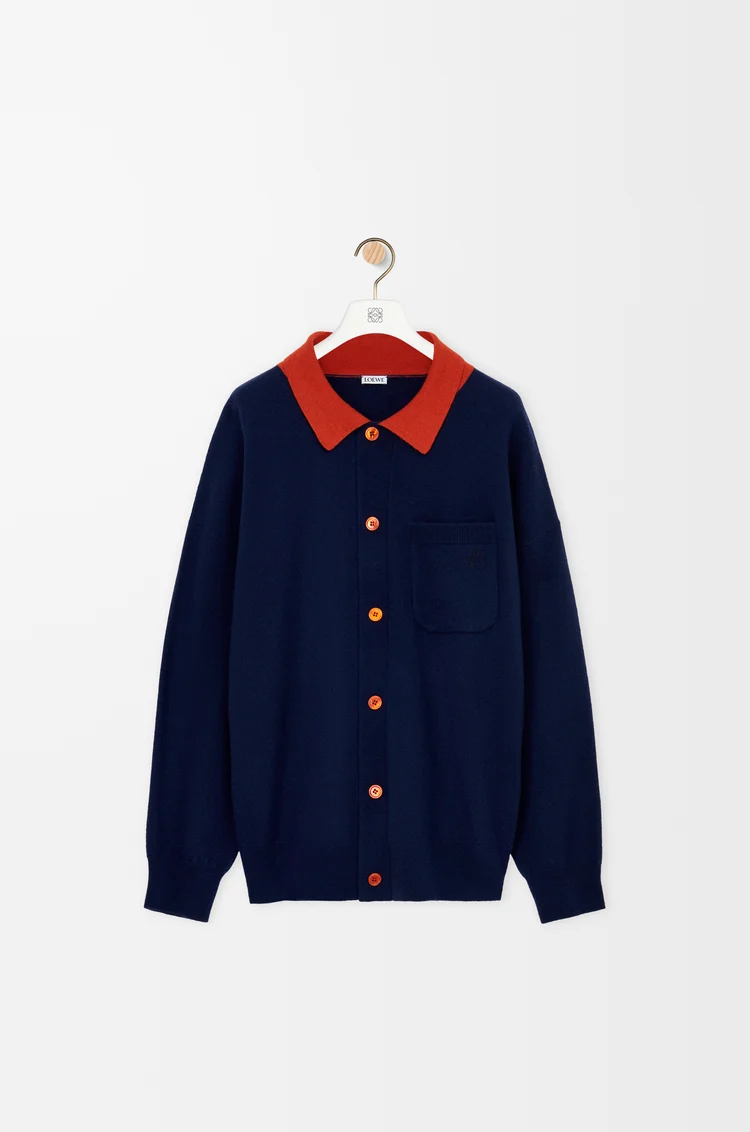 LOEWE Cardigan polo en laine Navy Blue/Orange
