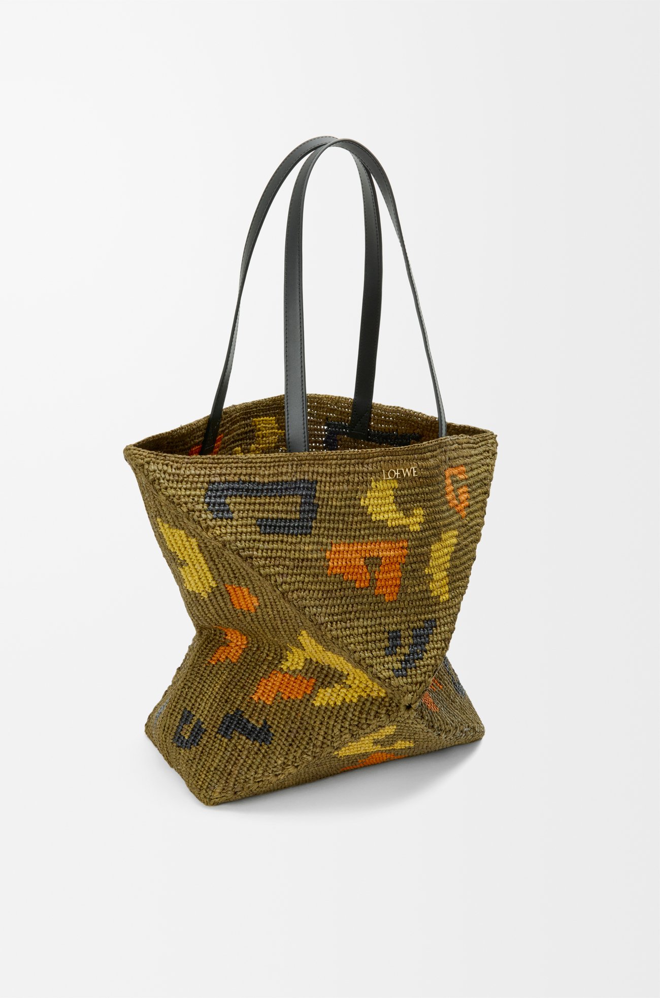 LOEWE Large Puzzle Fold tote in raffia and calfskin Olive Green
