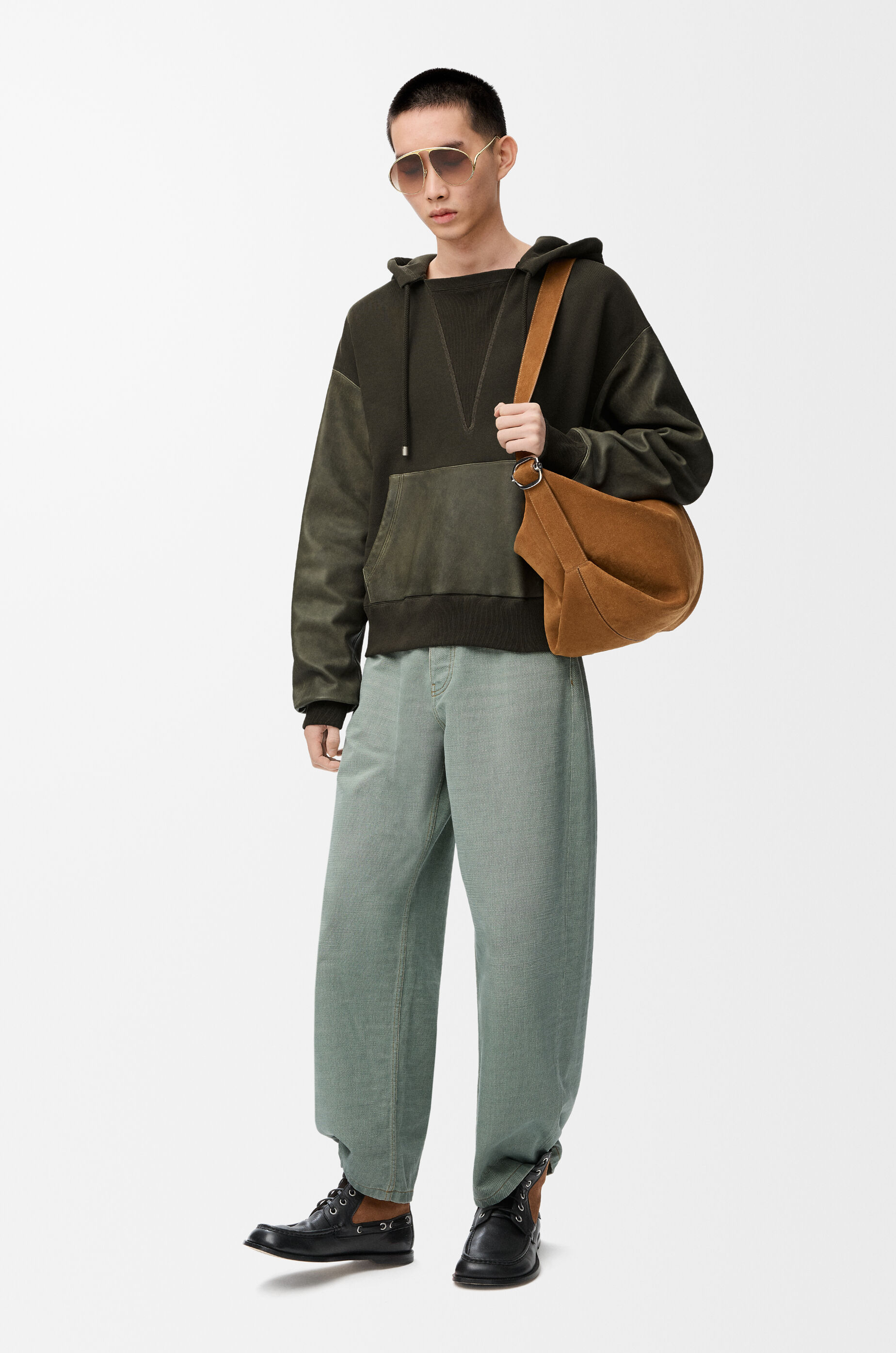Hybrid hoodie in cotton and nappa lambskin Green - LOEWE