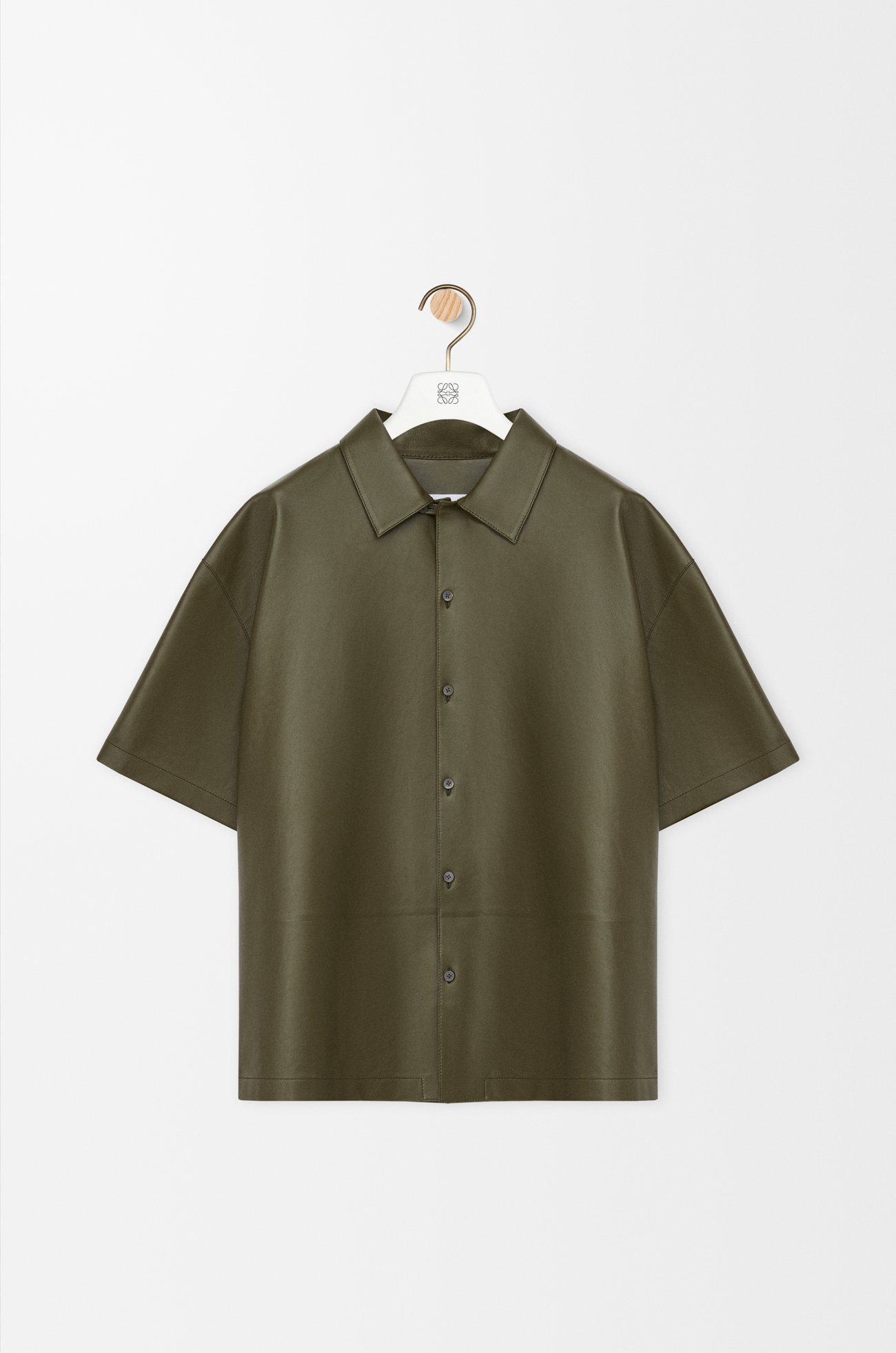 LOEWE Chemise à manches courtes en cuir d'agneau nappa Vert Kaki