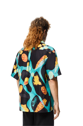 LOEWE Camisa bowling en seda con estampado de conchas Negro/Turquesa