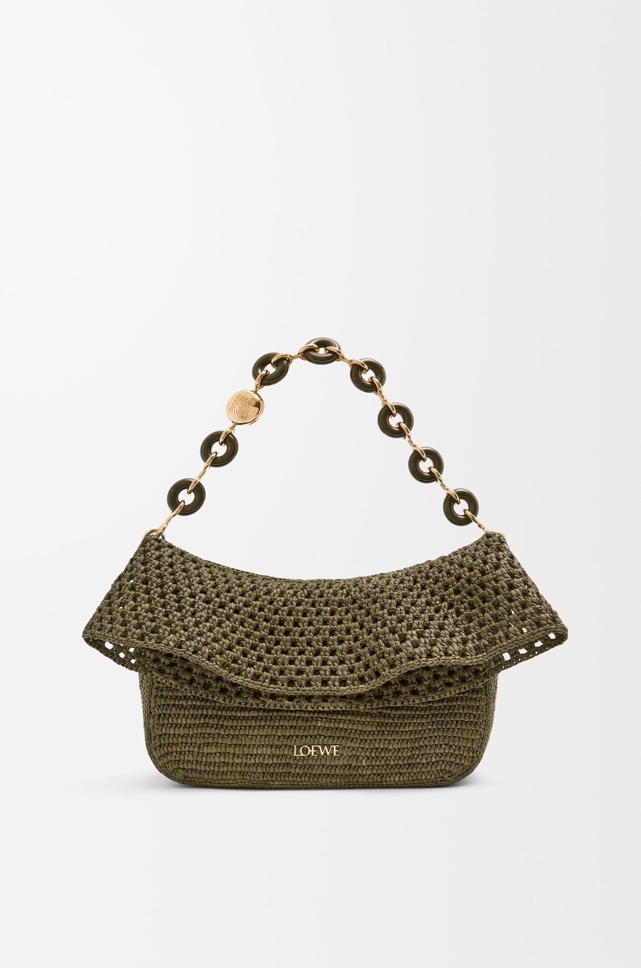 LOEWE Medium Ola bag in raffia and calfskin Dark Khaki