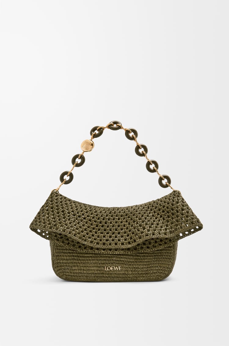 LOEWE Bolso Ola mediano en rafia y piel de ternera Verde Caqui Oscuro