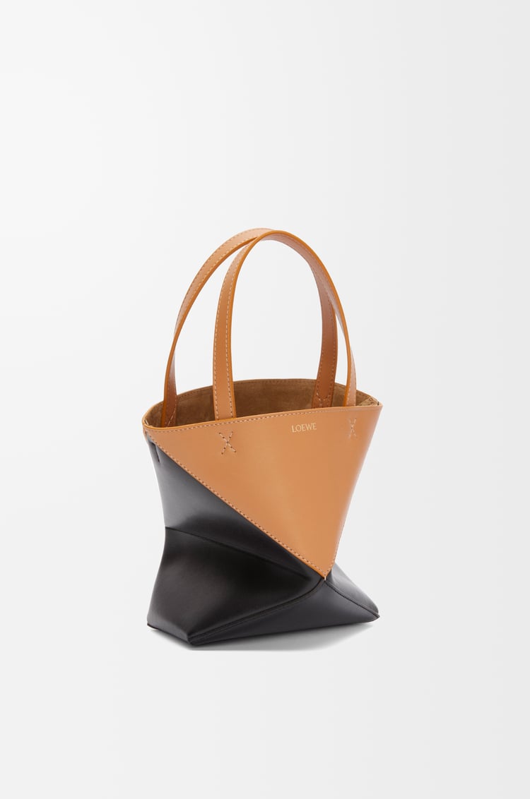 LOEWE Mini Puzzle Fold Tote in shiny calfskin Warm Desert/Black