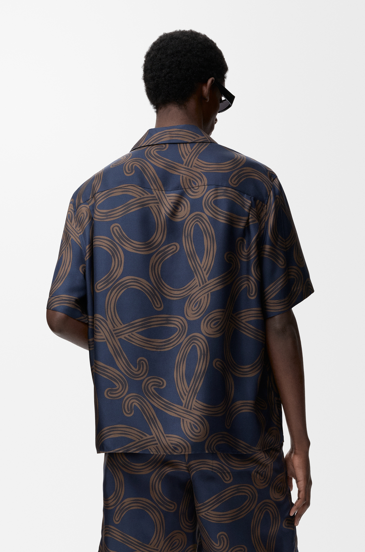 LOEWE Camisa de manga corta en seda Azul Marino/Marrón