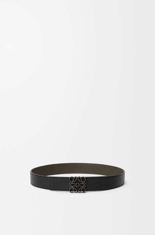 LOEWE Cinturón reversible Anagram en piel de ternera graneada flexible Caqui Oscuro/Negro/Paladio