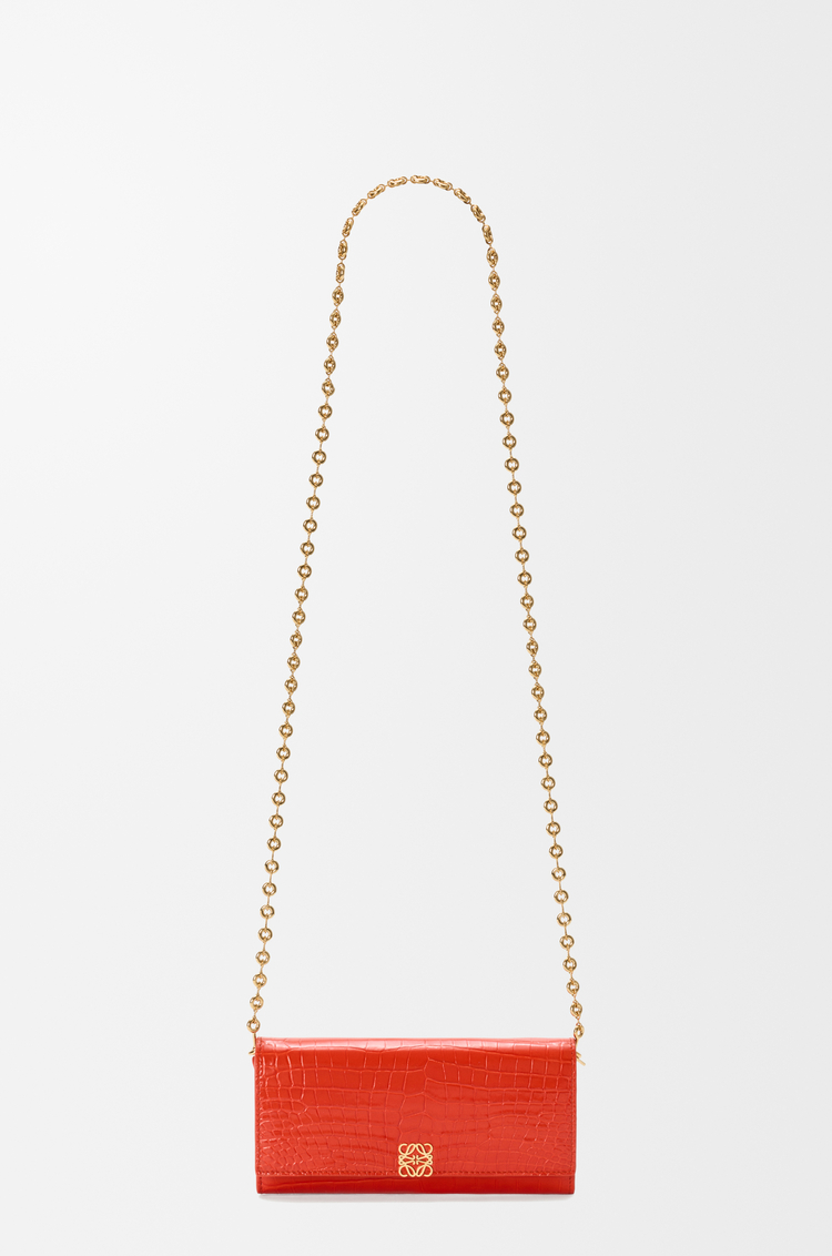 LOEWE Portafoglio Anagram con catena in pelle di coccodrillo lucida Sunrise Orange