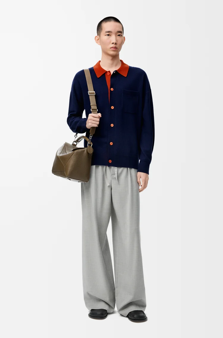 LOEWE Cardigan polo en laine Navy Blue/Orange