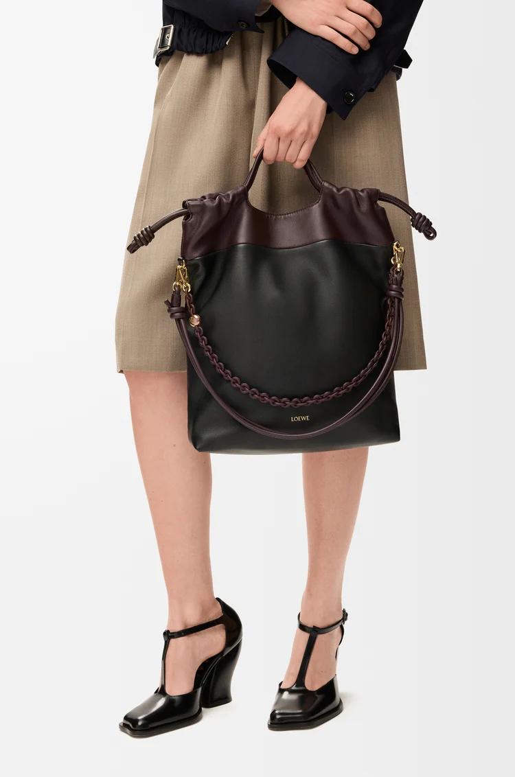 LOEWE Flamenco purse tote in mellow nappa lambskin Black/Dark Chestnut
