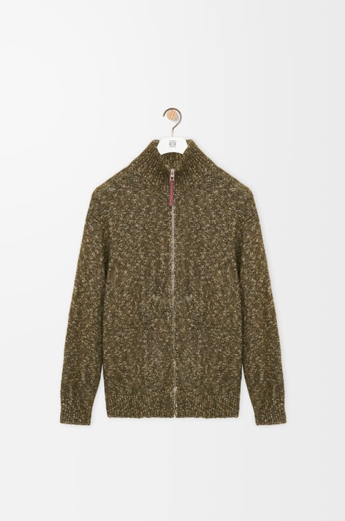 LOEWE Zip-up cardigan in cotton, linen and wool Khaki Green