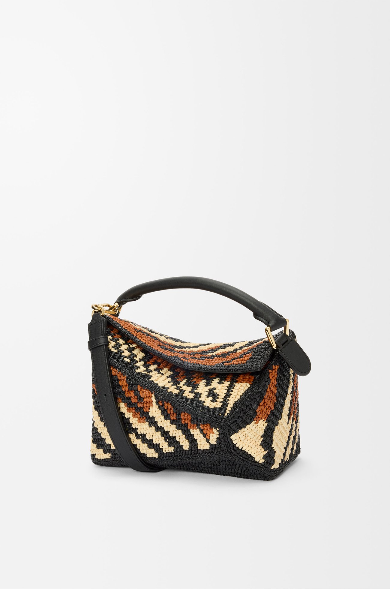 LOEWE Small Puzzle Edge bag in raffia and calfskin Black/Honey Gold