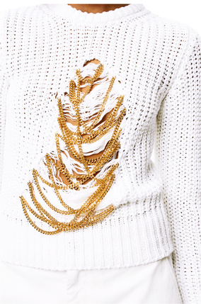 LOEWE Ripped chain sweater in hem and linen Soft White