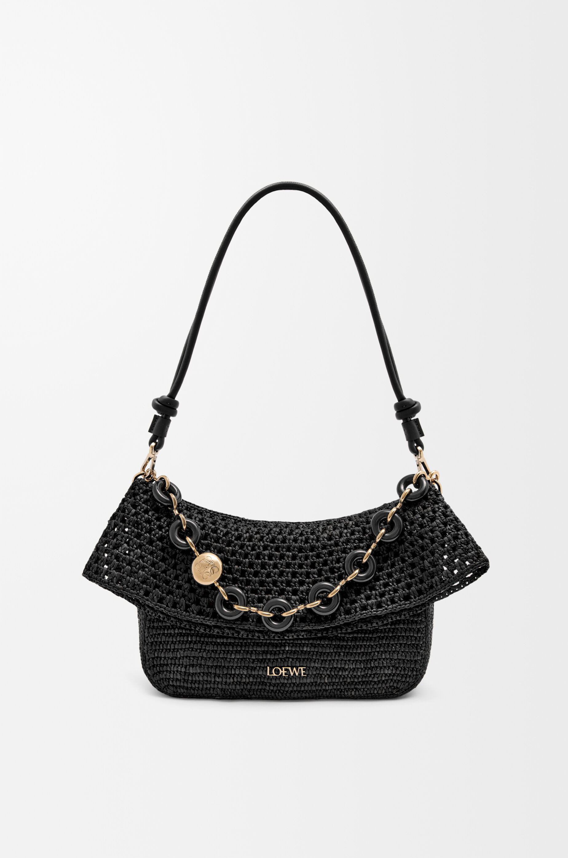 Medium Ola bag in raffia and calfskin Black - LOEWE