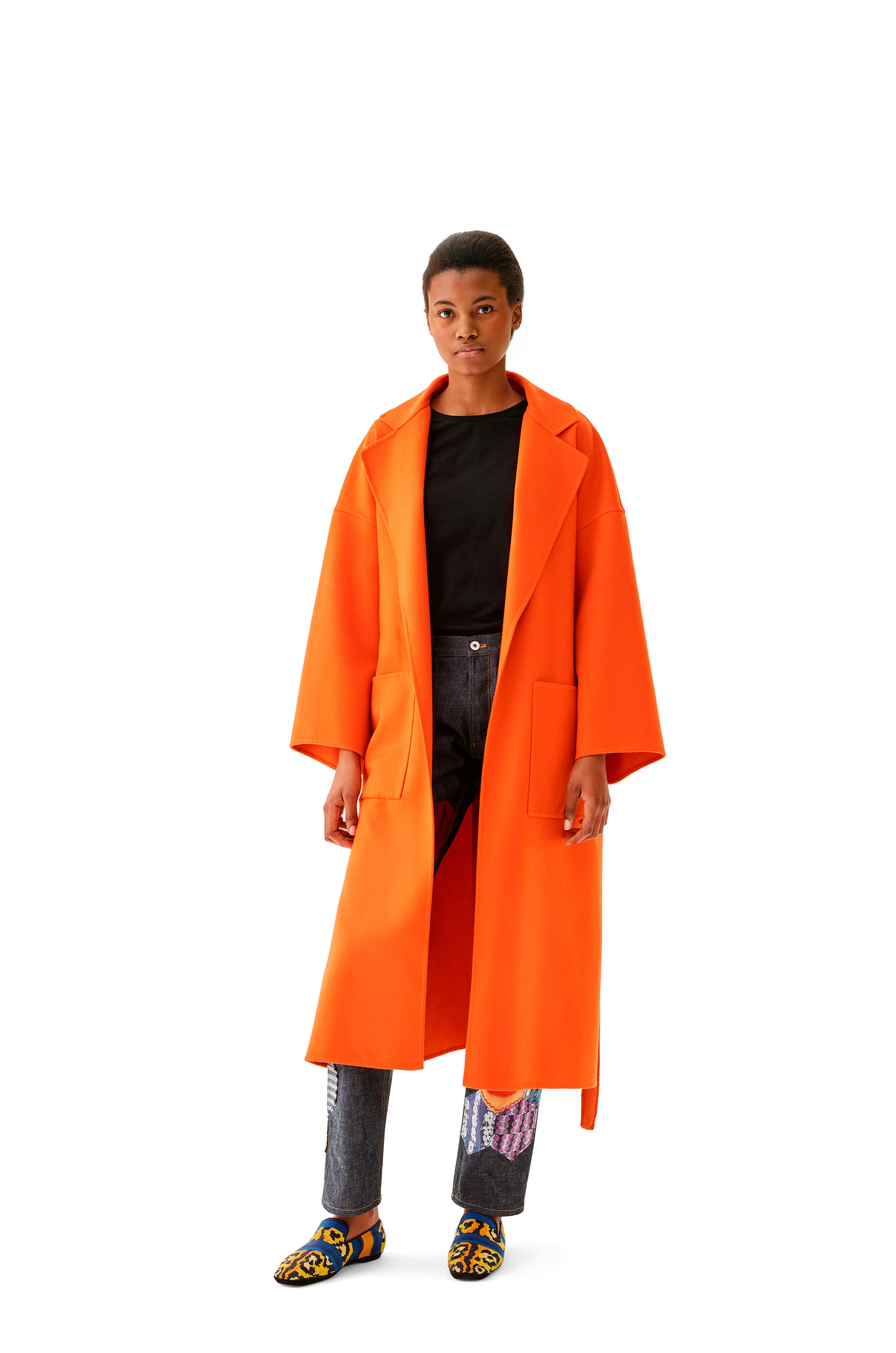 Oversize belted coat in wool and cashmere Orange - LOEWE APAC
