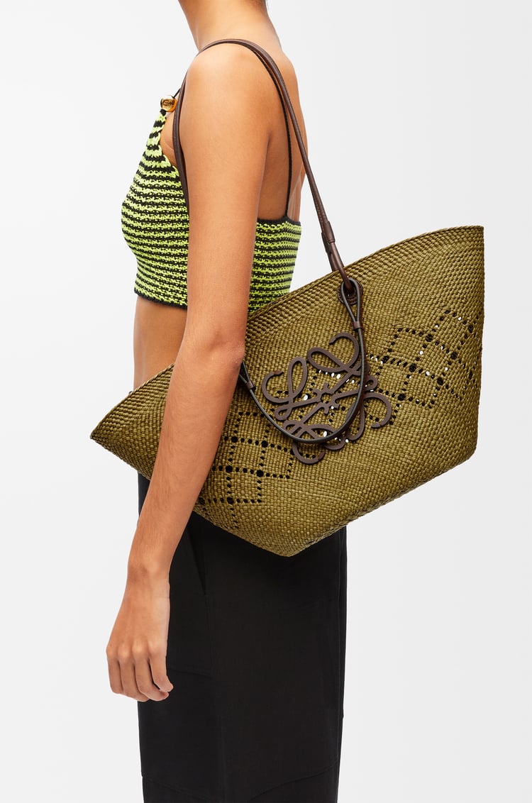 LOEWE Medium Anagram Basket bag in iraca palm and calfskin Olive/Chestnut