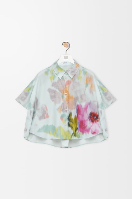 LOEWE 棉质和丝绸短袖梯形衬衫 Light Blue/Multicolor