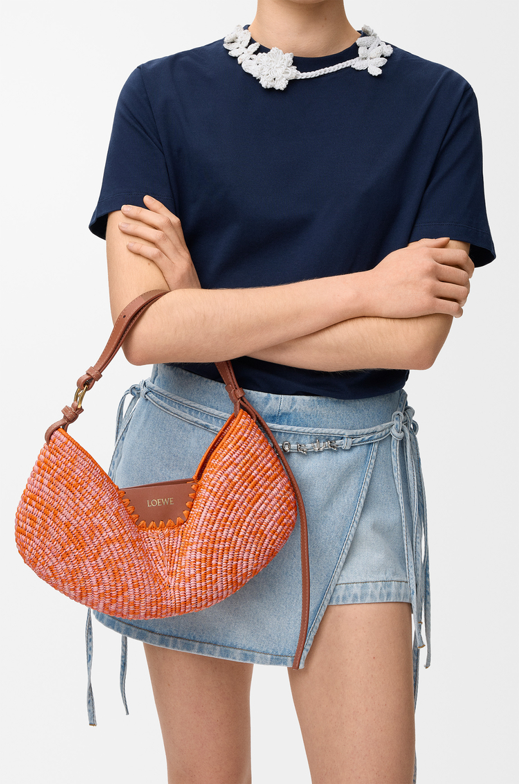 LOEWE Medium Loewe Swing bag in raffia and calfskin Bright Orange/Pink