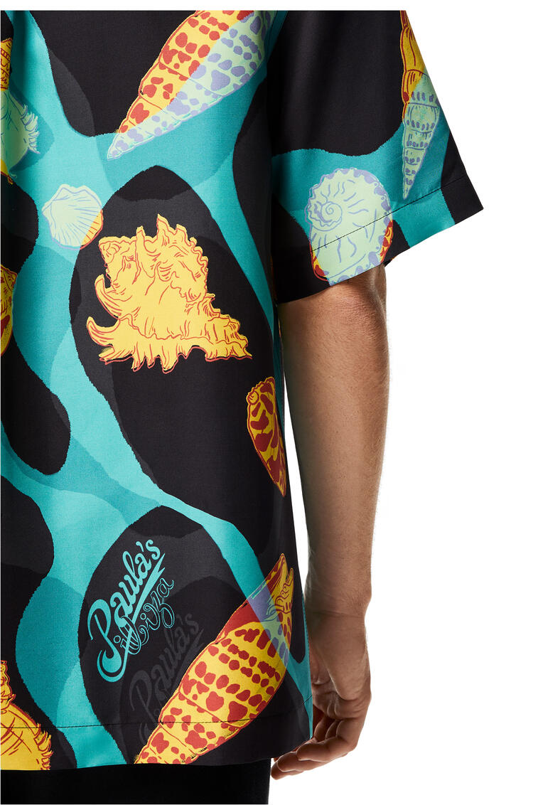 LOEWE Shell print bowling shirt in silk Black/Turquoise pdp_rd