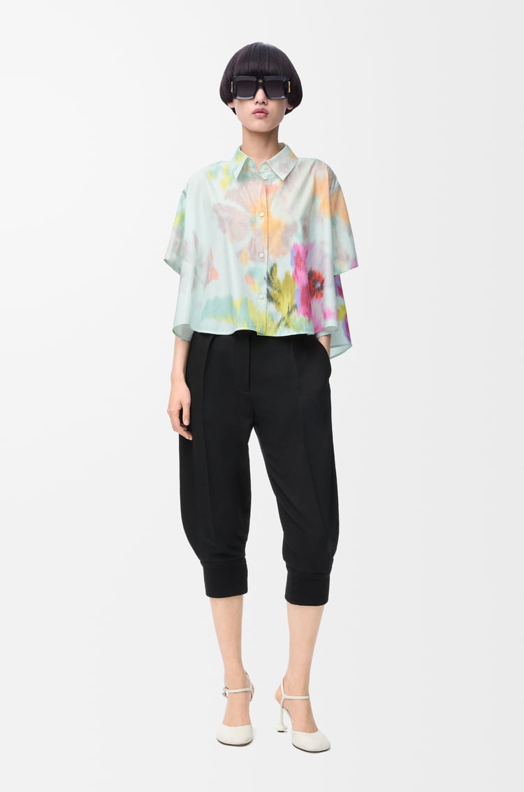 LOEWE 棉质和丝绸短袖梯形衬衫 Light Blue/Multicolor