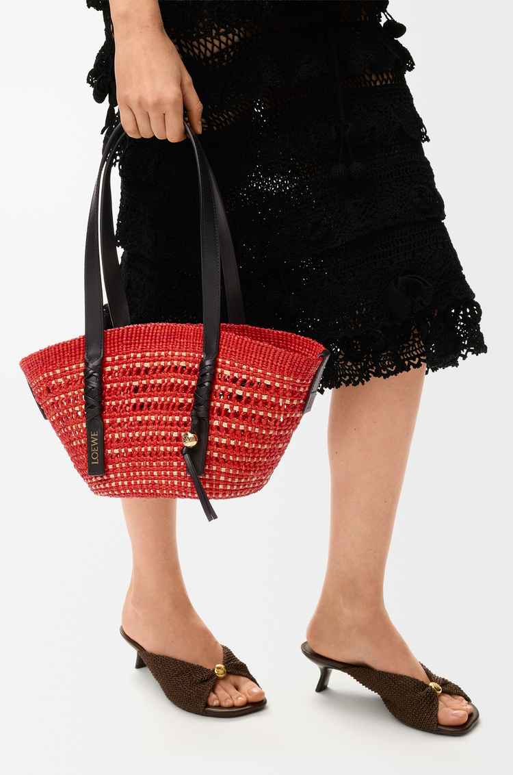 LOEWE Small Braid basket in iraca palm and calfskin Red/Natural